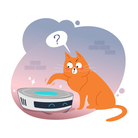 Ginger cat explores the new robot vacuum cleaner, vector illustrationのイラスト素材