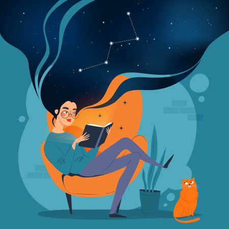 Young woman reading a book sitting in an armchair. Astronomy study concept, vector illustrationのイラスト素材