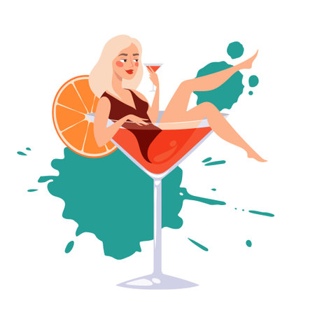 Cocktail party illustration with girl lying in a big martini glass and drinking alcoholのイラスト素材