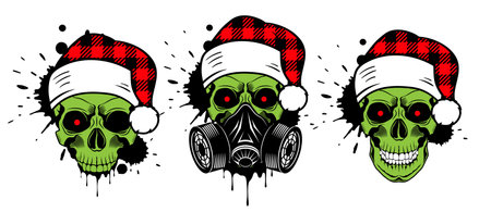Green skull with Santa hat and gas mask. Christmas 2020. Paint splashes and drips. Grunge vector illustrationのイラスト素材