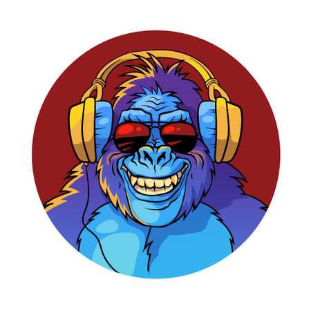 Smiling gorilla in headphones and sunglasses, vector illustration.のイラスト素材
