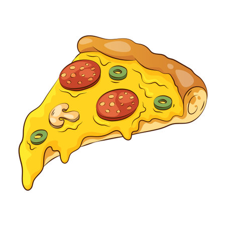 Slice of pizza with pepperoni, mushrooms and olives. vector illustration.のイラスト素材
