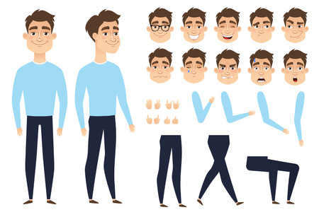 Young man character for animation. Set of face emotions, poses and gestures.のイラスト素材
