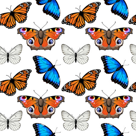 Seamless pattern with monarch butterflies and blue morpho butterfliesのイラスト素材