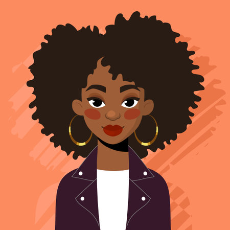 Beautiful black girl in a leather jacket, vector flat designのイラスト素材