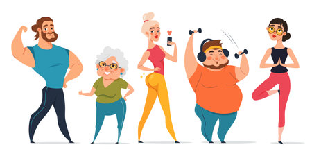 Collection of cute cartoon sports people. Training or exercising men and women isolated on white background. Flat vector illustrationのイラスト素材