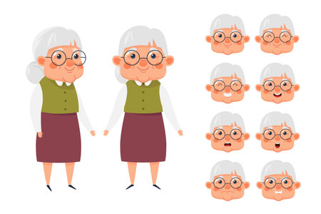 Cute elderly woman character, set of facial expressions. Granny emoji with different expressions. Vector illustration in cartoon styleのイラスト素材