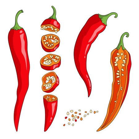Red Chile pepper cut into pieces lengthwise and crosswise, spicy cayenne pepper with seeds, vector illustrationのイラスト素材