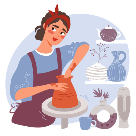 Woman making clay vase or pot on pottery wheel at ceramic studio. Potter workshop. Vector illustrationのイラスト素材