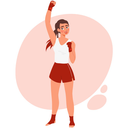 Happy female Muay Thai fighter raising her fist in victory. Young woman in sportswear smiling after winning. Flat vector illustration of success, motivation, and martial artsのイラスト素材