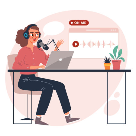 Young woman recording podcast at studio with microphone and laptop. Vector illustration about digital broadcasting, blogging and content creationのイラスト素材