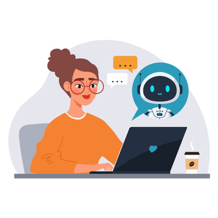 Young woman using laptop with chatbot assistant. AI virtual assistant helps with search and...