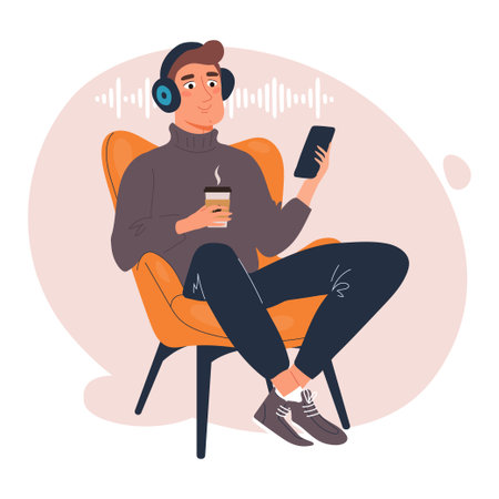 Young man listening to music or podcast on his smartphone while relaxing in a chair with a cup of coffee. Digital media and audio streaming concept. Flat vector illustrationのイラスト素材