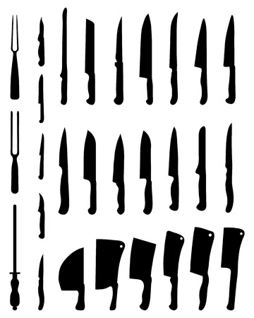 Black silhouettes of kitchen knives and cleavers vectorのイラスト素材