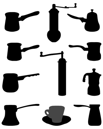 Black silhouettes of pot and grinder for coffeeのイラスト素材