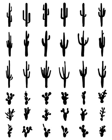Black silhouettes of different cactus on a white backgroundのイラスト素材