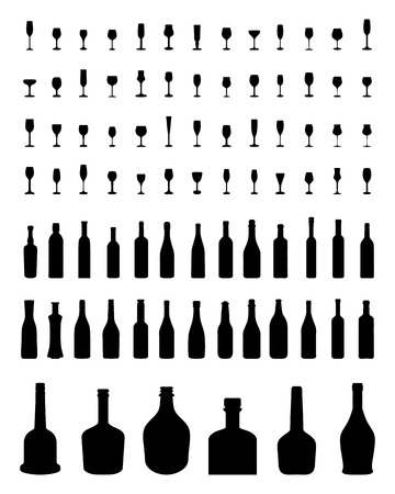 Black silhouettes of bowls, bottles and glassesのイラスト素材