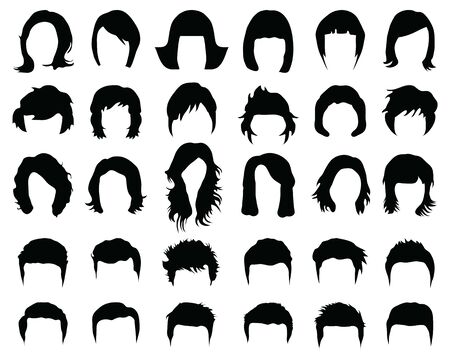 Black silhouettes of female and male hairstyles on a white backgroundのイラスト素材