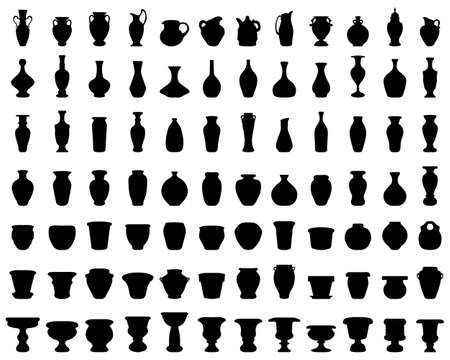 Black silhouettes of flowerpots, potteries and vases on a white backgroundのイラスト素材