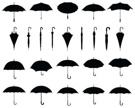Black silhouettes of open and closed umbrellas on a white backgroundのイラスト素材