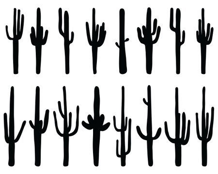 Black silhouettes of different cactus on a white backgroundのイラスト素材