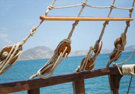 Fastening to the ropes on the old shipの写真素材