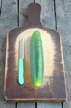 Cucumber with green knife on cutting boardの写真素材