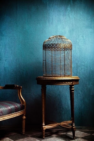 old louis style carved  roundtable and golden old bird cageの写真素材