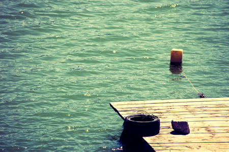 wooden dock on lake summer dayの写真素材