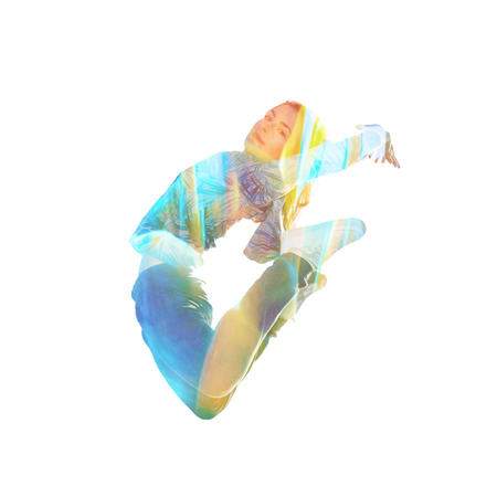 young woman in jump double exposureの写真素材