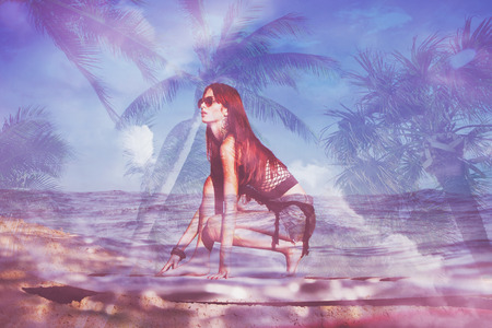 surfboard summer girl double exposureの写真素材