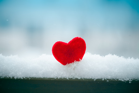 red heart in snow on fence Valentines day symbol closeupの写真素材