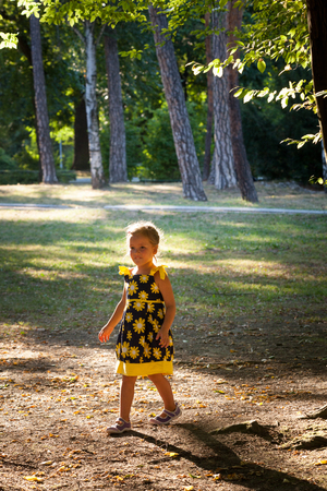 little girl in cute summer dress walk in park summer dayの写真素材