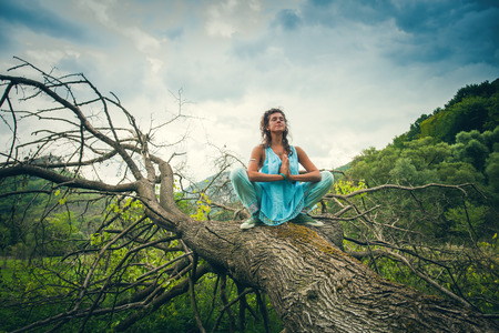 young woman practice yoga outdoor on huge fell tree on the mountain trip summer dayの写真素材