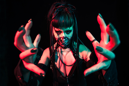 scary cyber skeleton woman studio shotの写真素材