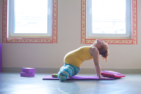 red head pregnant young woman on yoga class indoor の写真素材