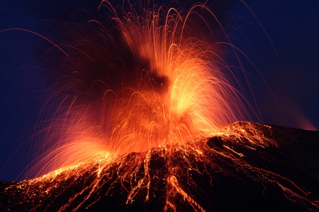 Volcano Stromboli erupting night eruption Italy eolian islandsの写真素材