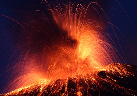 Volcano Stromboli erupting night eruption Italy eolian islandsの写真素材