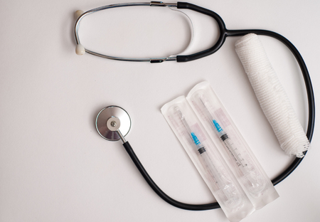 Medical supplies and equipment on a white backgroundの写真素材