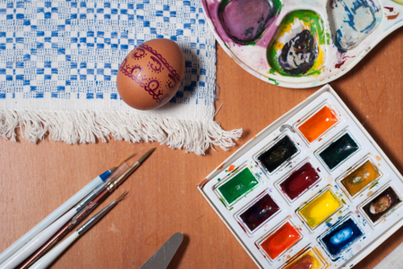 Preparation for Easter, painting eggs with paintsの写真素材