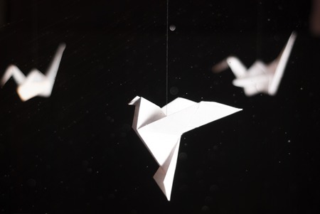 Origami crane and a dove soaring on a dark backgroundの写真素材