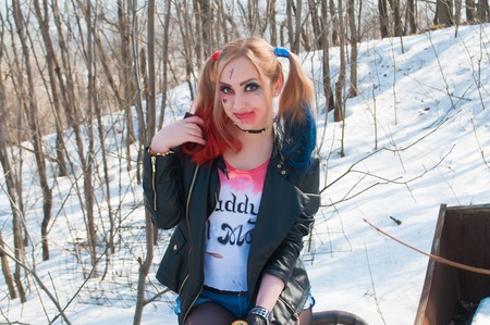 UFA, RUSSIA - March 31, 2016: Cosplayer girl in a Harley Quinn costumeのeditorial素材