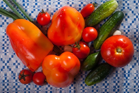 fresh ripe vegetables on a towel, harvest, set of vegetables , a love for vegetarian cuisineの写真素材