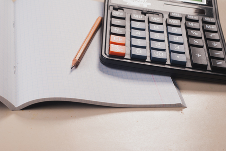 calculator, Notepad and pencil, business still life Deskの写真素材