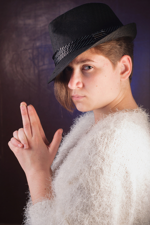 Closeup portrait of beautiful girl in hat , lifestyleの写真素材