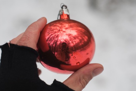 hand in glove holding a red ball, on a white backgroundの写真素材