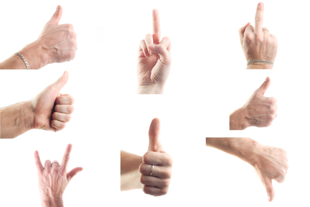 Set of male hands showing signs isolated on white backgroundの写真素材