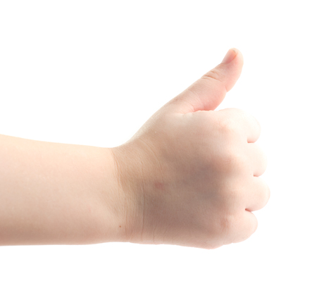 thumbs up, isolated on white background, a child's hand, likeの写真素材