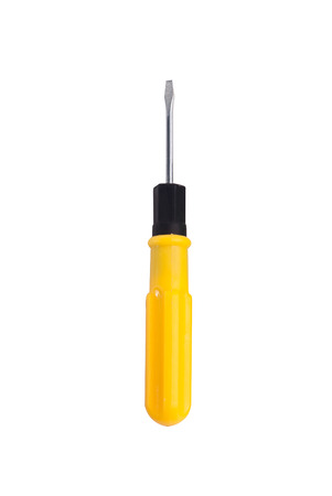 A small flat screwdriver with yellow handle isolated on white background, work toolの写真素材