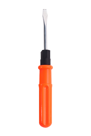 A large flat head screwdriver with orange handle isolated on white background, work toolの写真素材